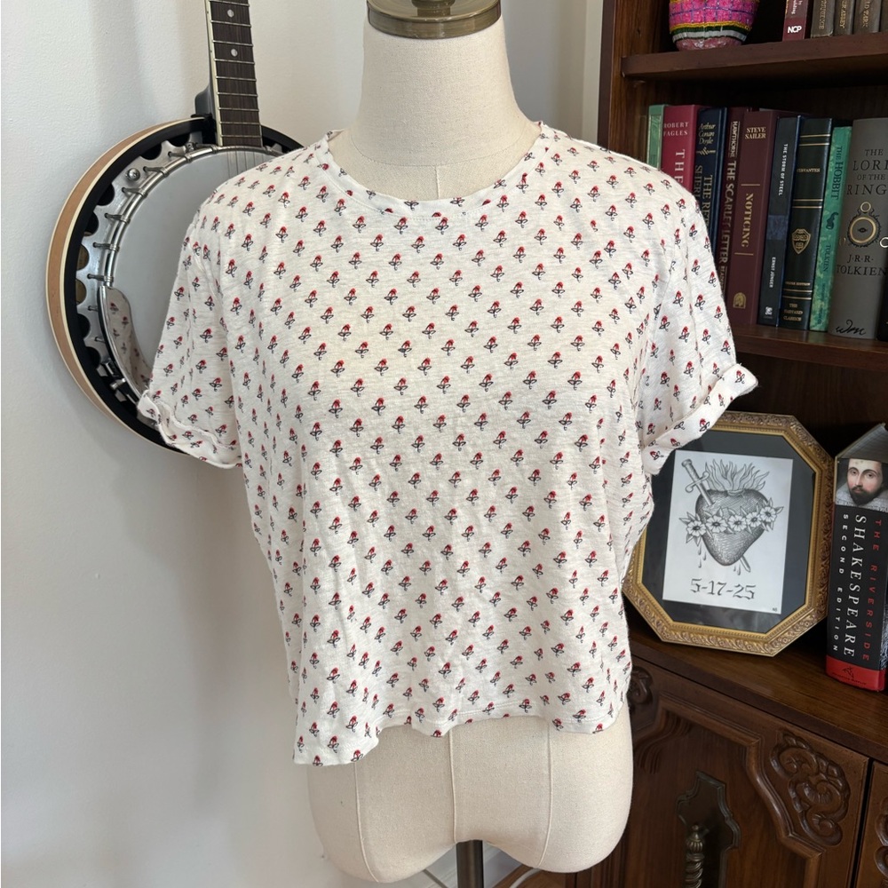 BODEN 100 Linen Floral Dainty Ditsy Block Print Floral Crop Tee SZ US 8 - Picture 2 of 5